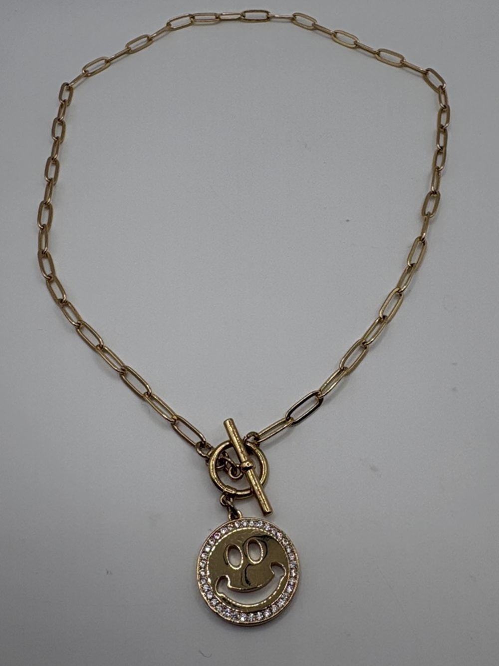 Gold Smiley Face Pendant Necklace - Gold Toggle Paperclip 18” - Picture 5 of 9